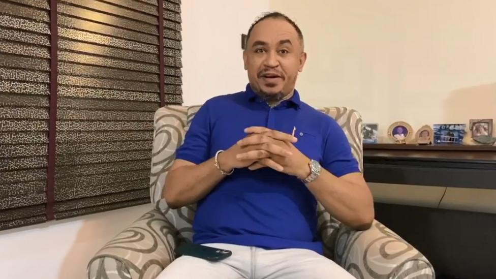 Daddy Freeze speaking during an online broadcast while discussing Nathaniel Bassey and the late actor Alex Ekubo