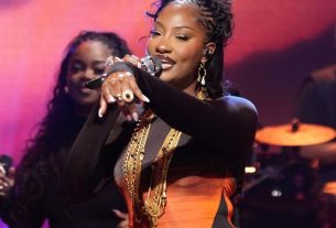 Grammy-winning Nigerian singer Tems speaking during an interview at the BET Awards