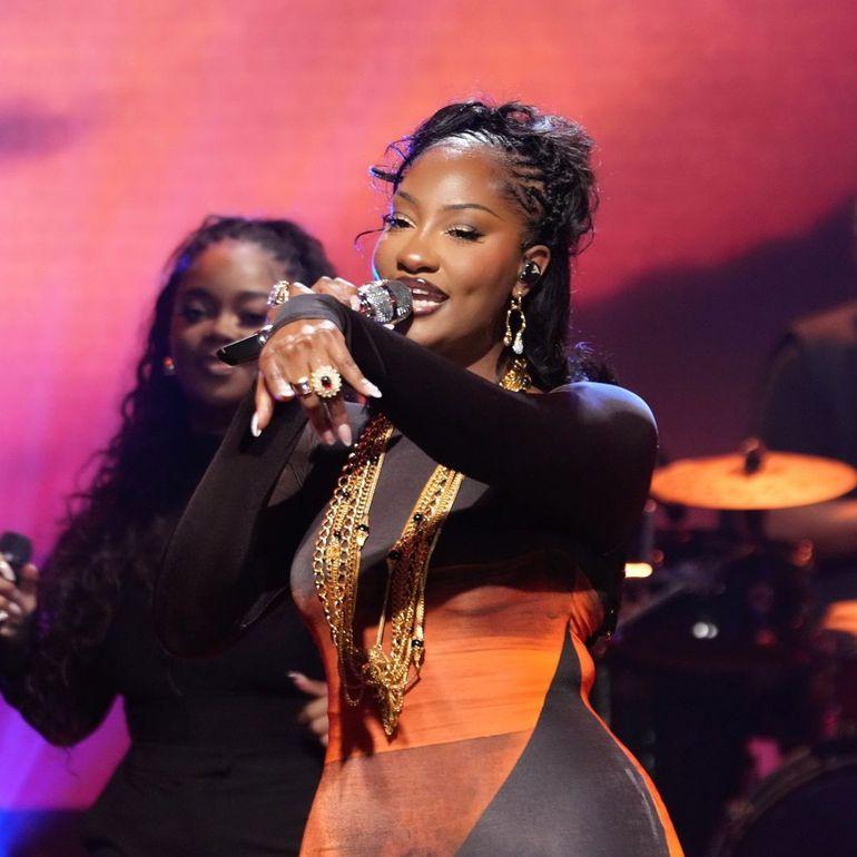 Grammy-winning Nigerian singer Tems speaking during an interview at the BET Awards